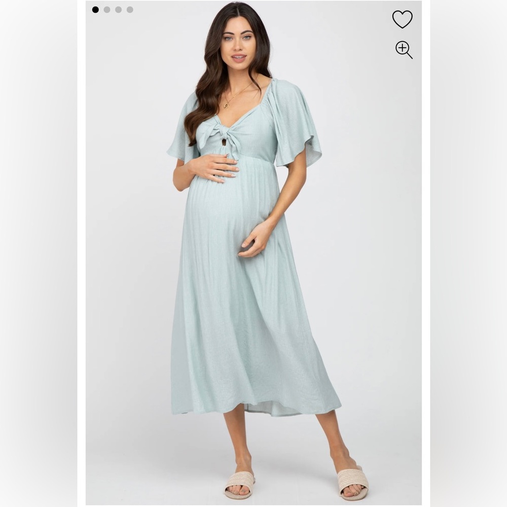 Light Blue Front Tie Ruffle Sleeve Maternity Midi Dress